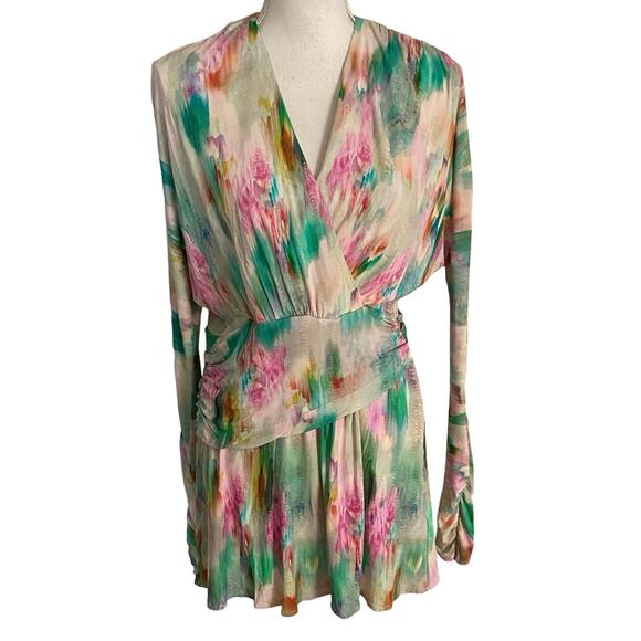 IRO Size 36 US 4 Small Zola Mini Dress Watercolor Print Surplice Neck TINY FLAW - Picture 2 of 7